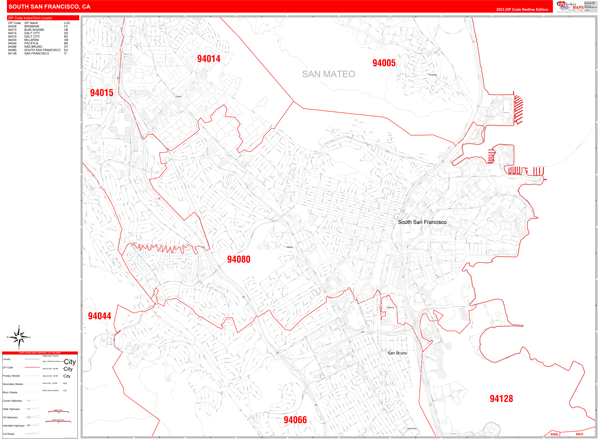 South San Francisco City Wall Map Red Line Style